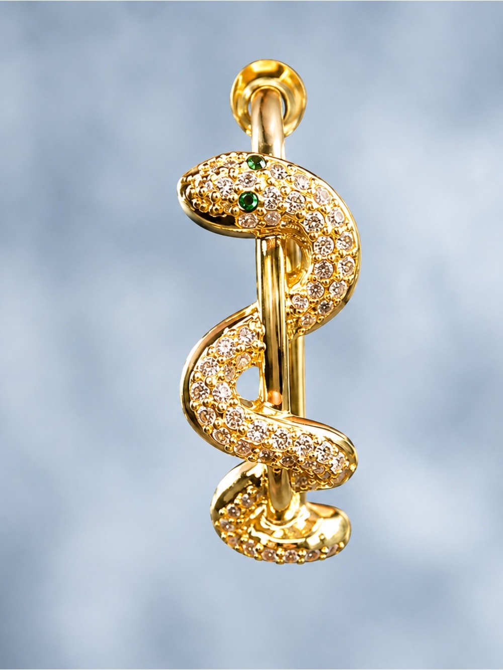 Gothic Gold Snake Hoop Earrings, Crystal Serpent Earrings with Green Eyes